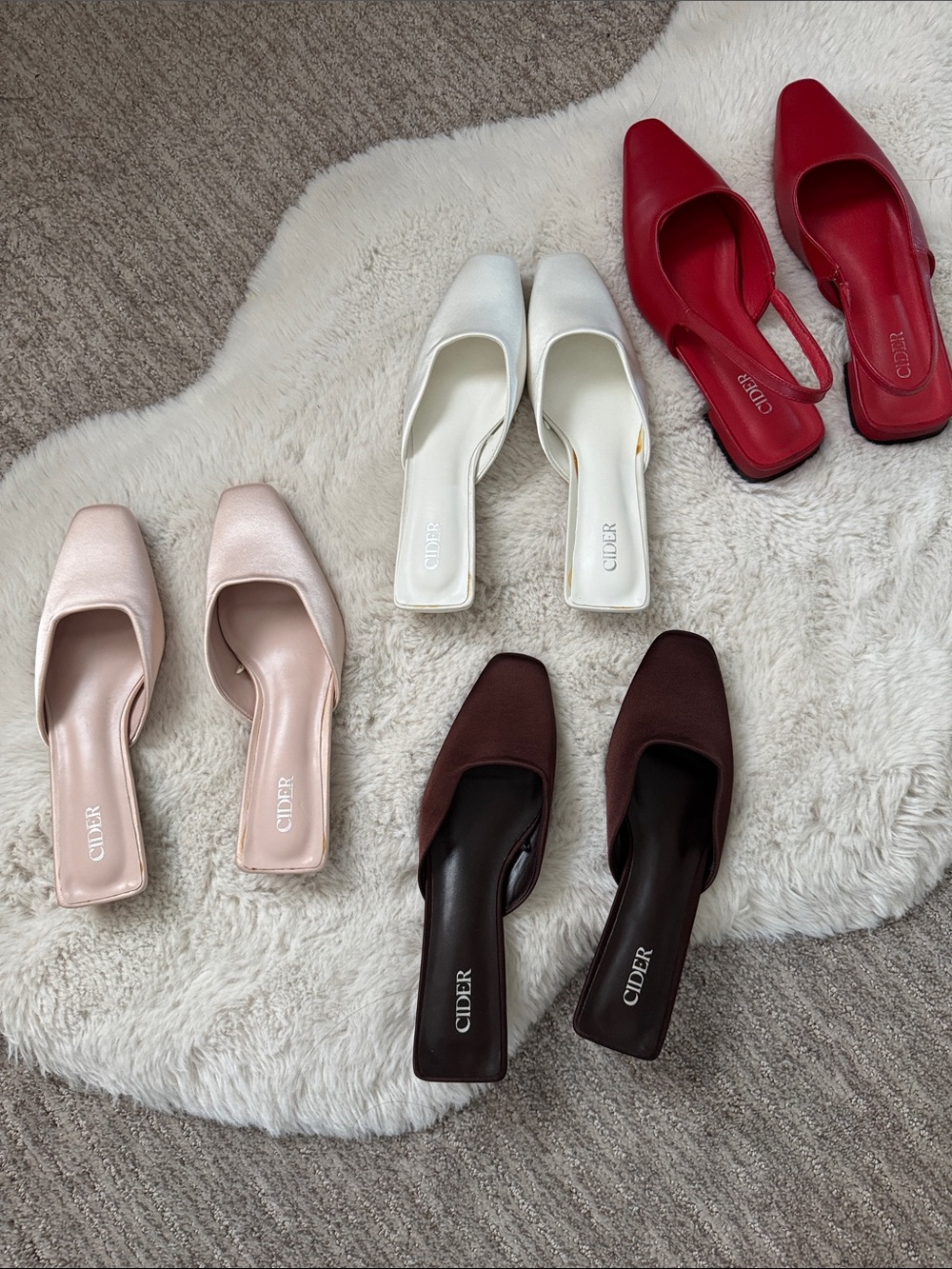 Cider Women’s Square Toe Mules — Red, White, Pink, Brown